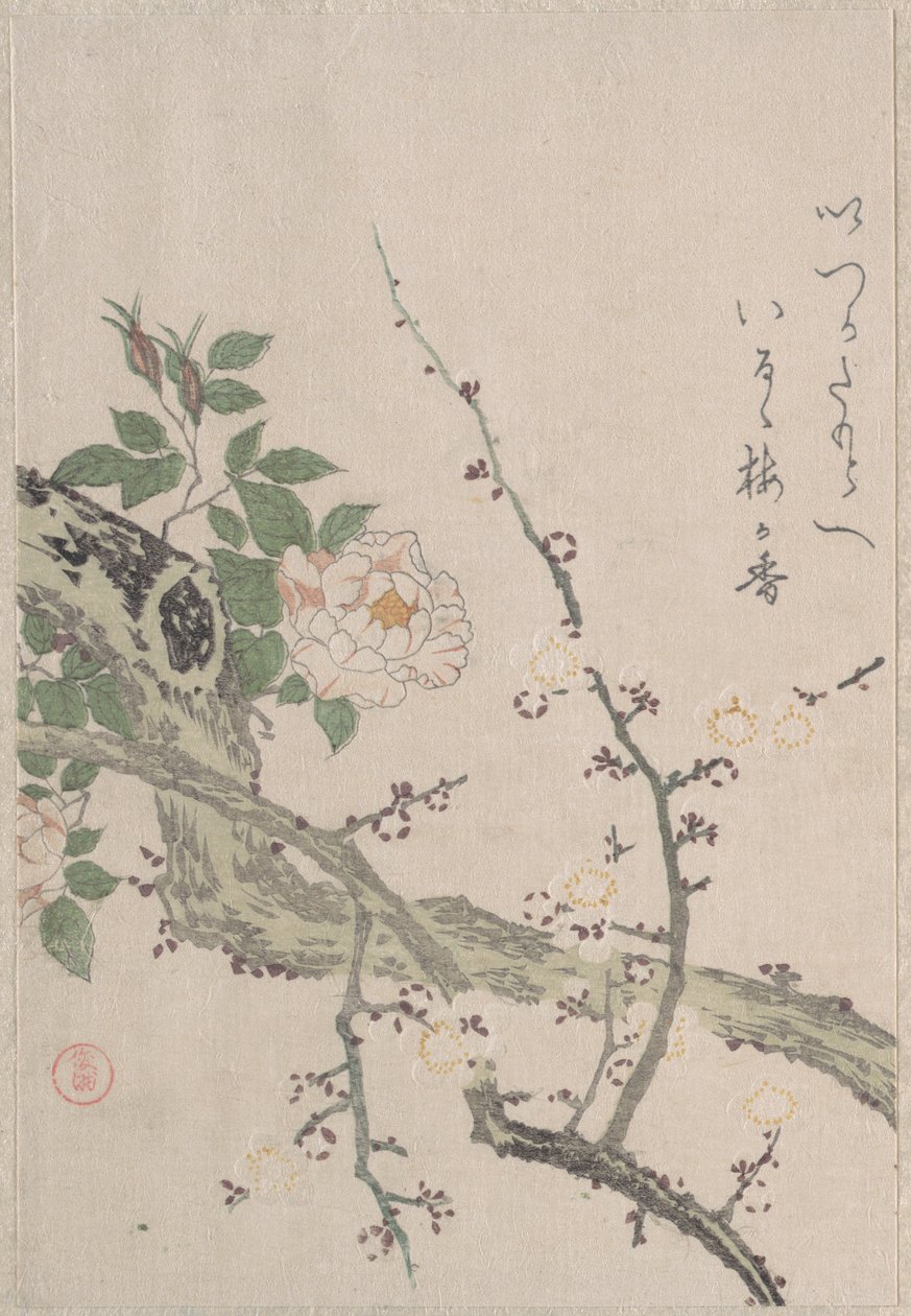 Rosas e flores de ameixa de Kubo Shunman