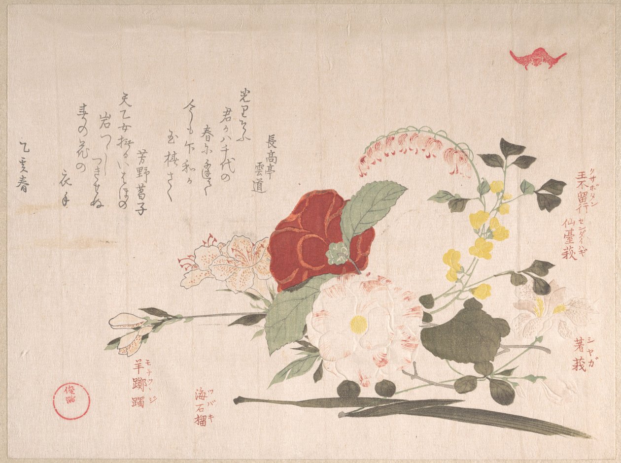 Colecção Chuva de Primavera (Harusame shū), vol. 2: Flores cortadas: clematite, lespedeza, íris, camélia e azálea de Kubo Shunman