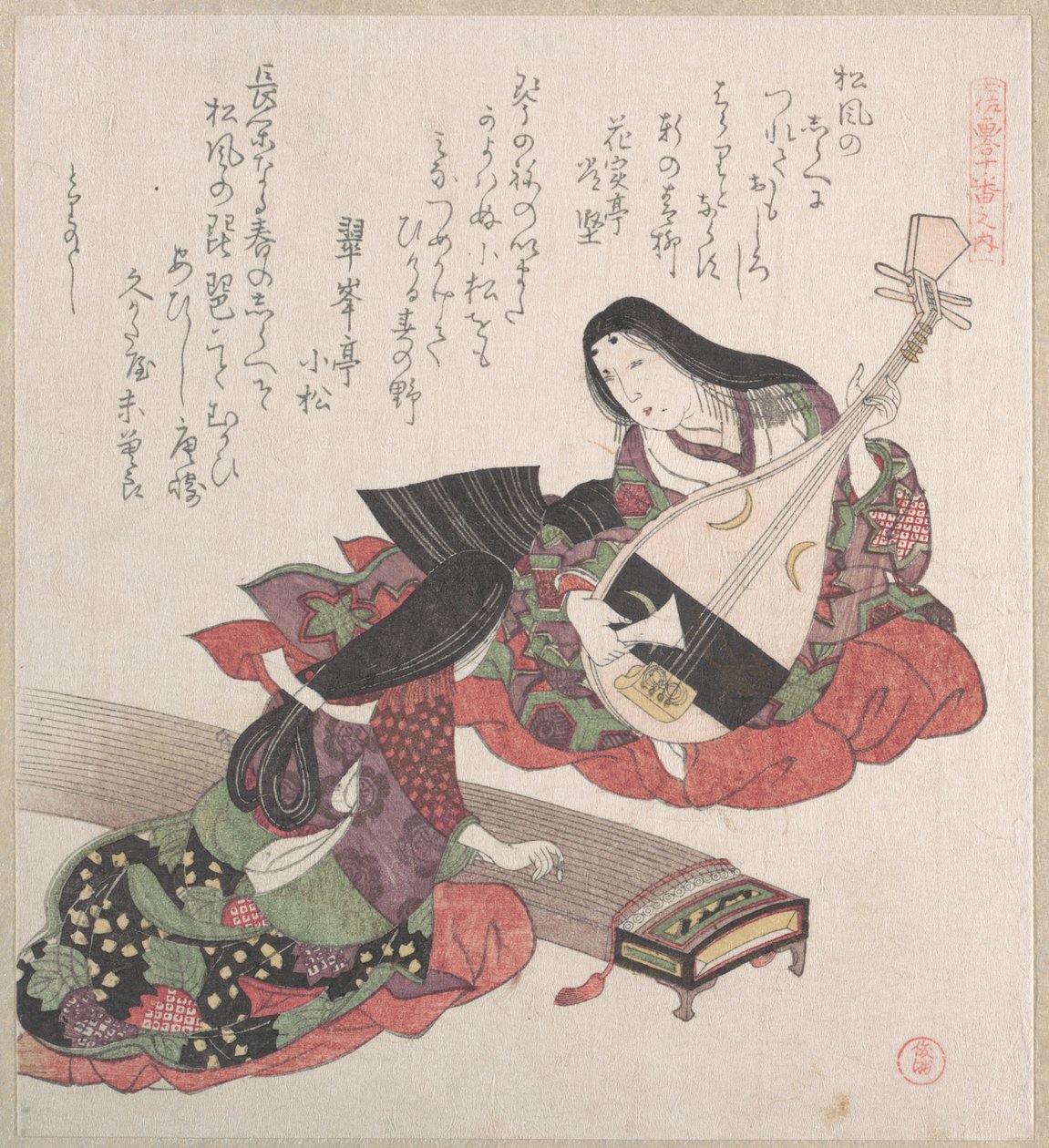 Duas senhoras; uma está a tocar biwa (alaúde japonês) e a outra, o koto (harpa japonesa) de Kubo Shunman