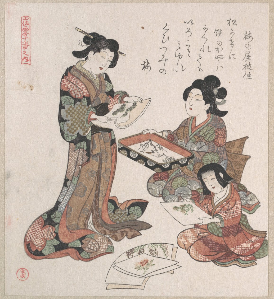 Duas mulheres e uma rapariga a observar pinturas de Kubo Shunman