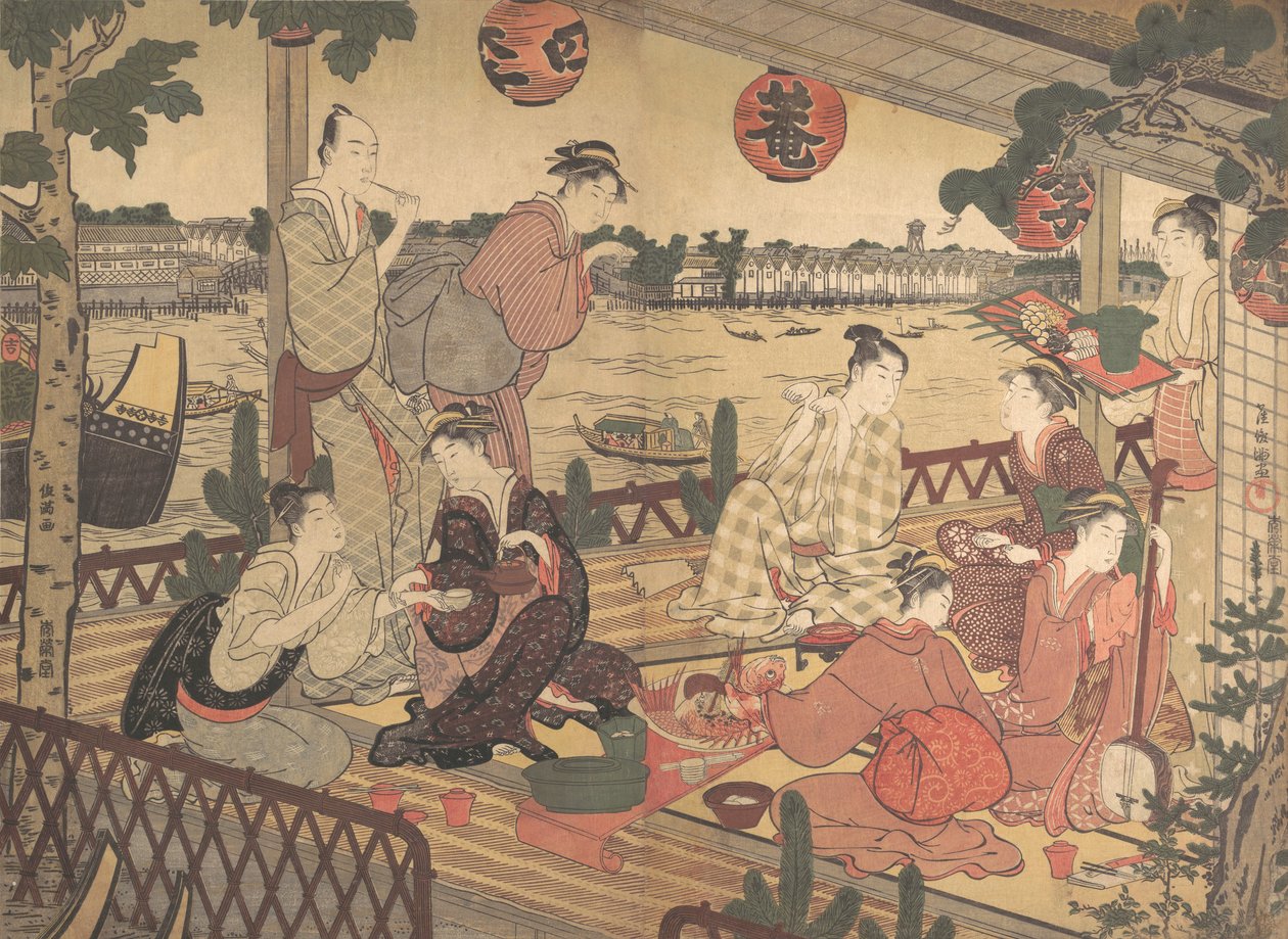 Dois Jovens Homens e Várias Mulheres Jantando em uma Casa de Chá na margem do Rio Sumida, ca. 1788. de Kubo Shunman