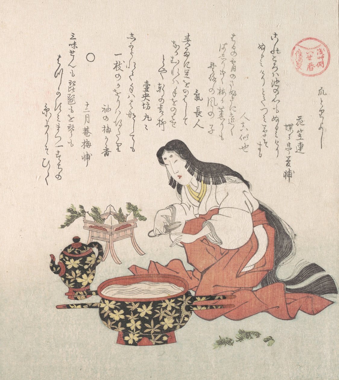 Mulher a cortar as unhas depois de juntar ervas, século XIX. de Kubo Shunman