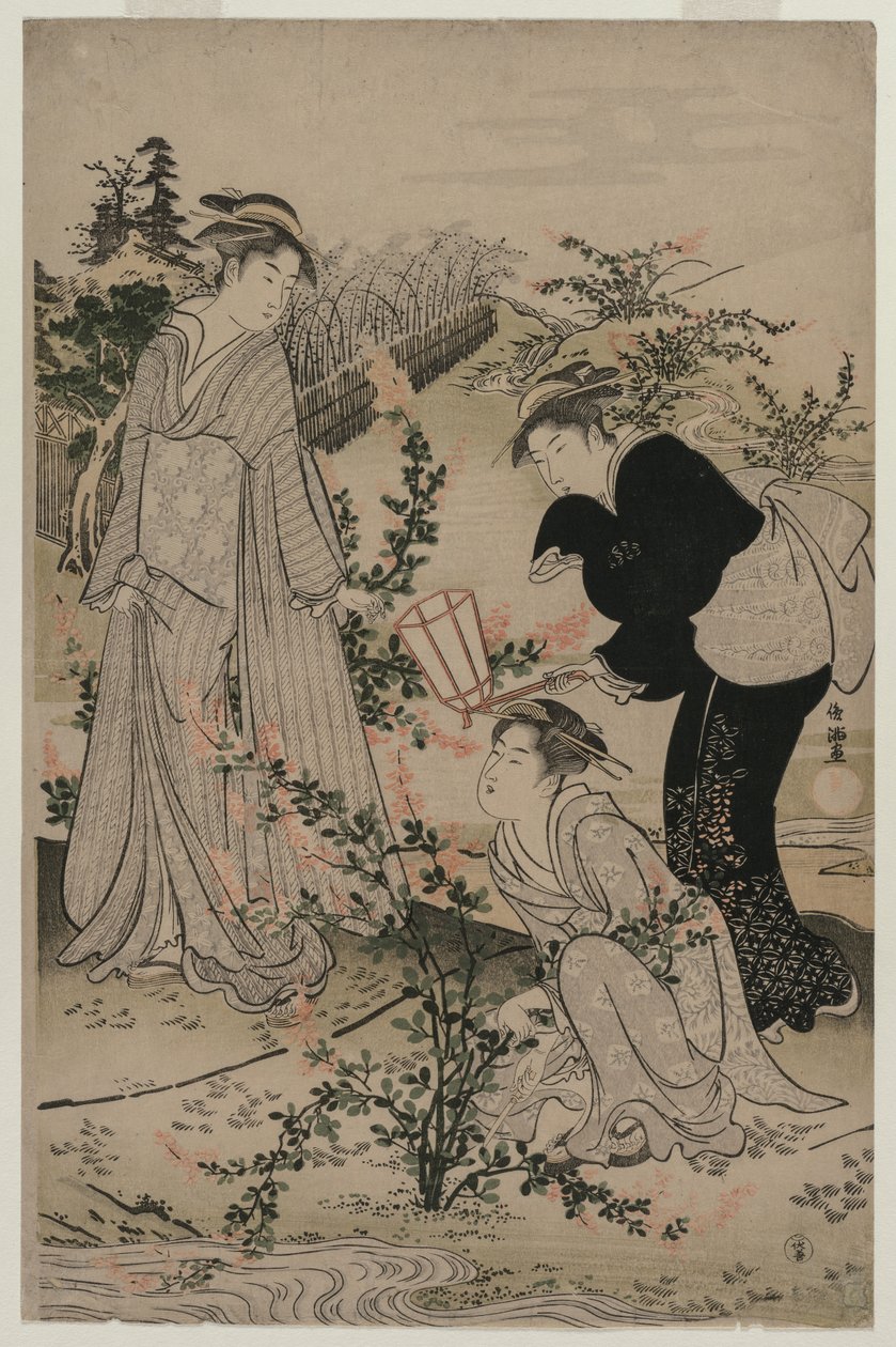 Mulheres cortando galhos de trevo; O rio Noji Tama na província de Omi, de uma série sem título dos Seis Rios Tama de Kubo Shunman