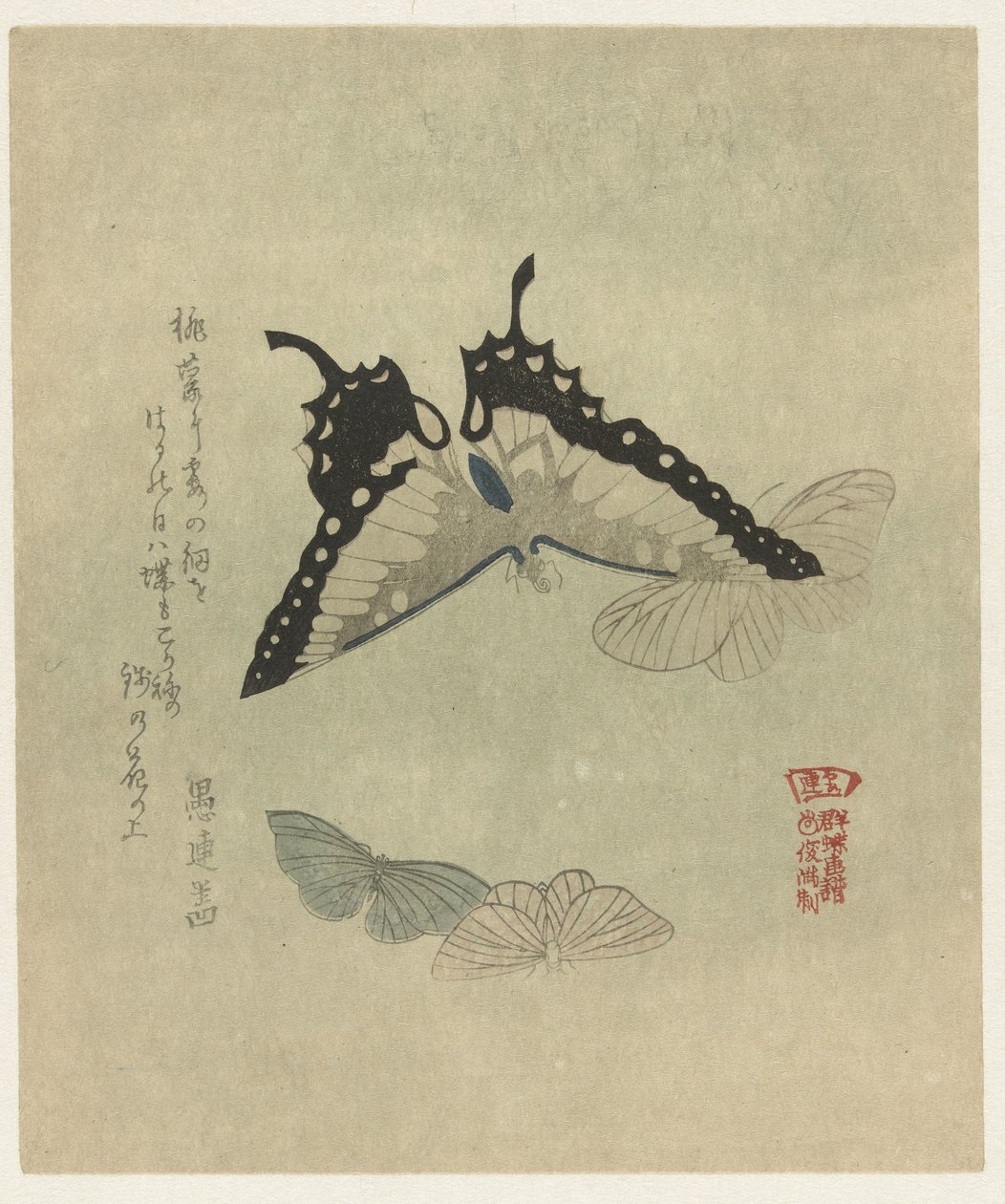 Quatro borboletas Uma série de estampas com borboletas para a Kasumi Poetry Society (título da série) Kasumiren gunchô gafu (título da série no objeto) de Kubota Shunman