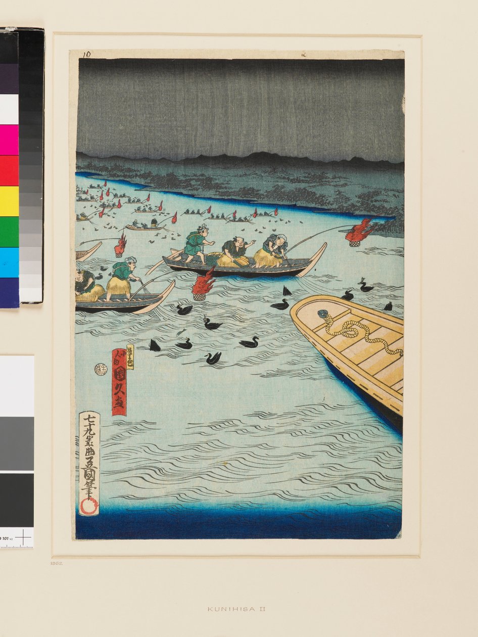 Pesca nocturna com corvos-marinhos de Kunihisa II Utagawa
