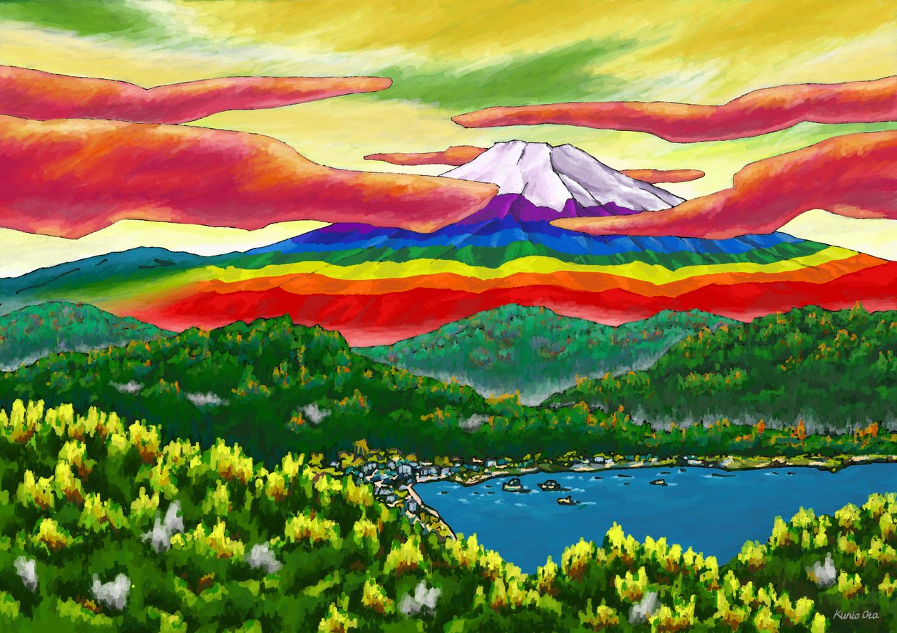 O Monte Fuji com as cores do arco-íris para lá da cidade, 2023 (pintura digital) de Kunio Ota