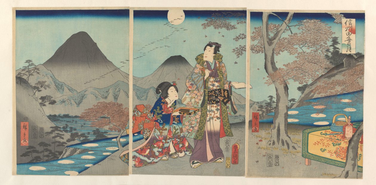 A lua refletida nos campos de arroz de Shinano Shinshû tagoto no tsuki (título no objeto) de Kunisada (II) , Utagawa