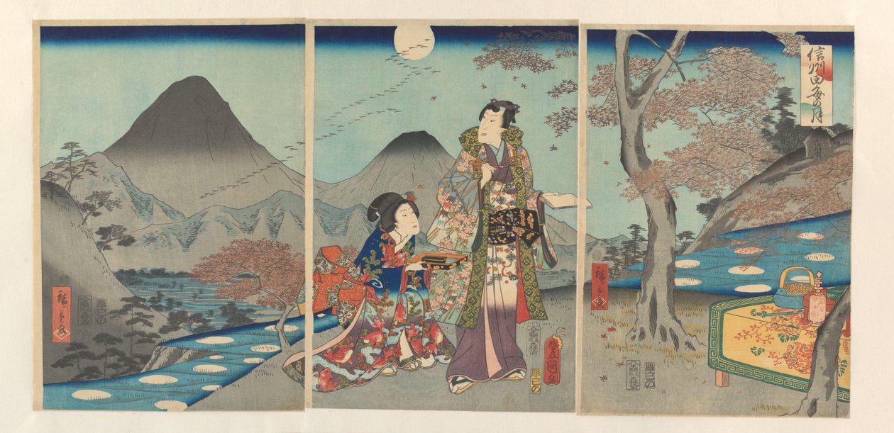 A lua refletida nos campos de arroz de Shinano Shinshû tagoto no tsuki (título no objeto) de Kunisada (II) , Utagawa