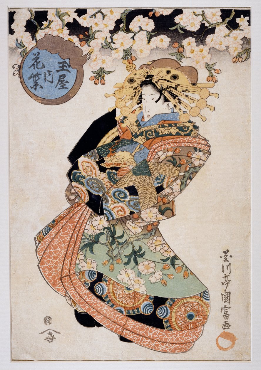 Courtesan Hanamurasaki de Tamaya teahouse, Ca 1830, estampa de arte Ukiyo-e de Utagawa Kunitomi (activa 1810-1830), talha Oban-tate-e, 38,2x26,5 cm, civilização japonesa de Kunitomi Utagawa