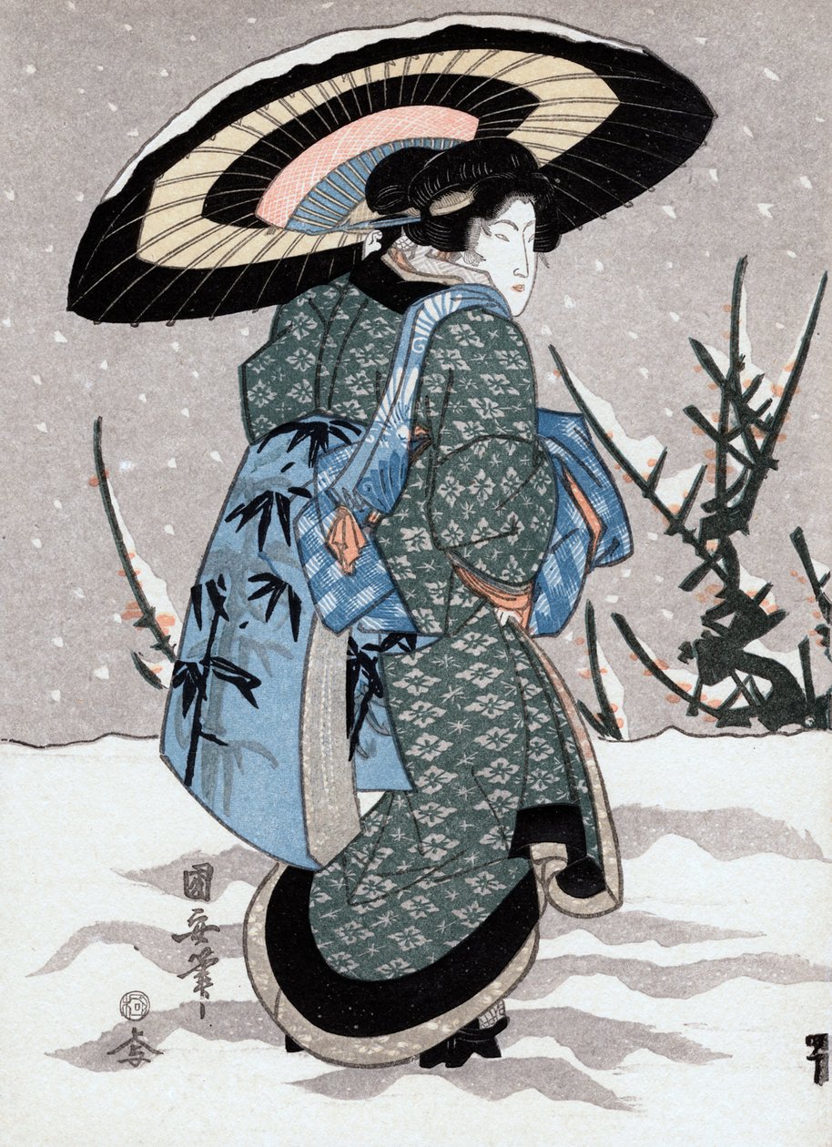 "Rapariga na Tempestade da Neve", século XIX de Kuniyasu