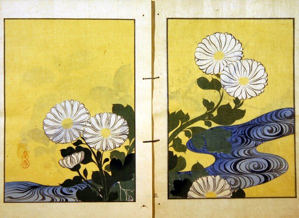 Flores ao lado de um riacho, de uma edição da obra de Kigyoku publicada por Kobayashi Bunshi em 1901 (cor litho) de Kurokawa Yasusada Kigyoku