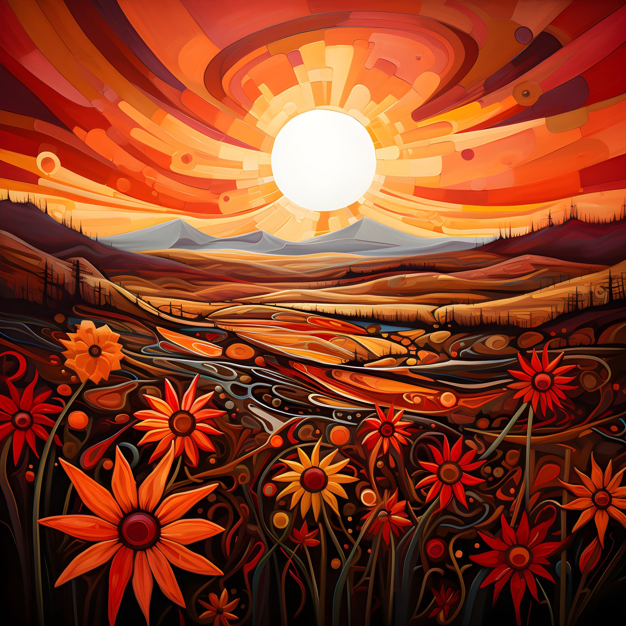 Arte abstrata de paisagem com um campo de flores silvestres e um sol vermelho arrojado. 4 de Kurt Heppke