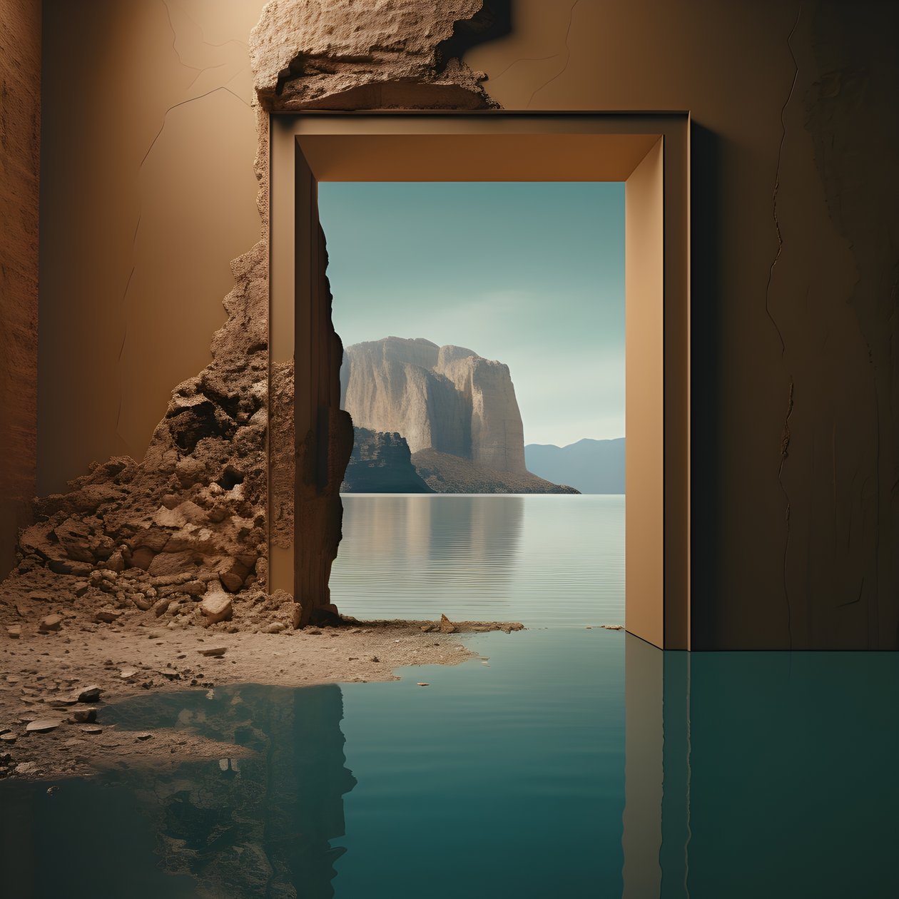 Uma imagem de uma sala não utilizada com um enorme lago e um deserto num enorme buraco, com um futuro de alto contraste e tons quentes de claro-escuro 3 de Kurt Heppke