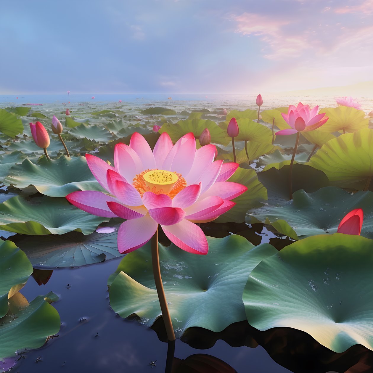 Grandes e belas flores de lótus desabrocham na superfície da água límpida, folhas de lótus verdes e orvalho nas flores de lótus. O pôr do sol brilha na superfície da água 1 de Kurt Heppke