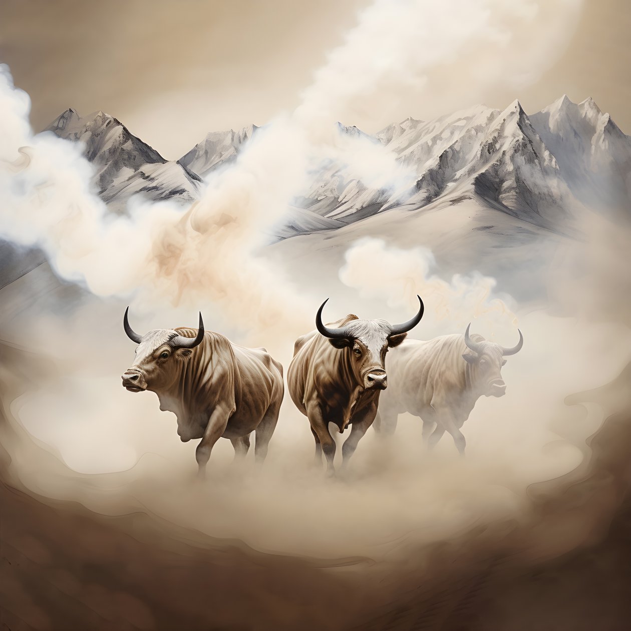 Uma pintura em tela abstrata fractal, textura bege-branca-fumo. 3 touros negros emergindo do fumo com o Monte Ararat no horizonte. Poses que fazem lembrar os touros de Wall Street em Nova Iorque.  4 de Kurt Heppke