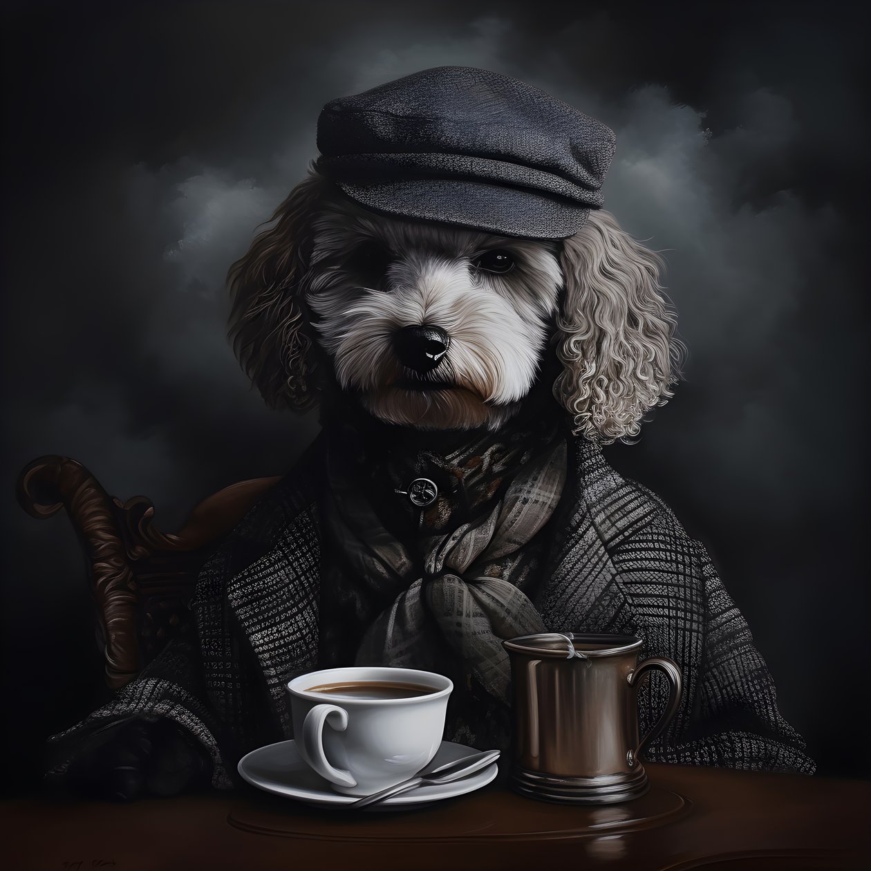 Um caniche sofisticado bebe uma chávena de chá, veste uma camisola de gola alta e um boné, fundo fumado 2 de Kurt Heppke