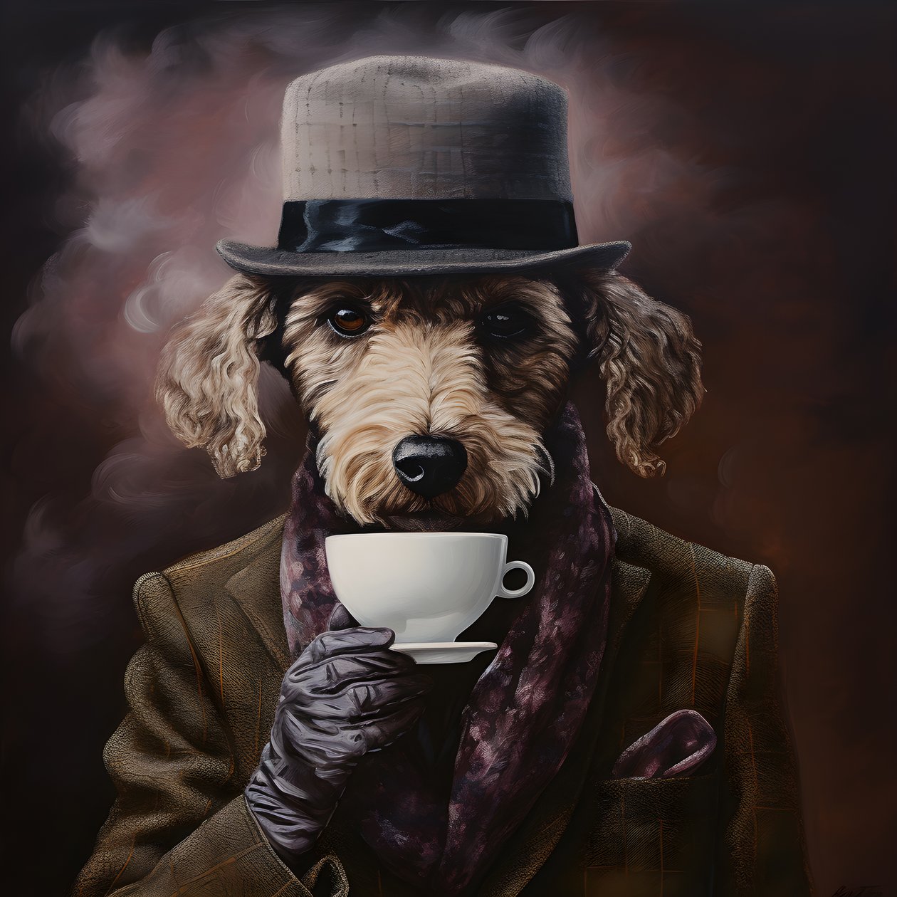 Um caniche sofisticado bebe uma chávena de chá, veste uma camisola de gola alta e um boné, fundo fumado 3 de Kurt Heppke