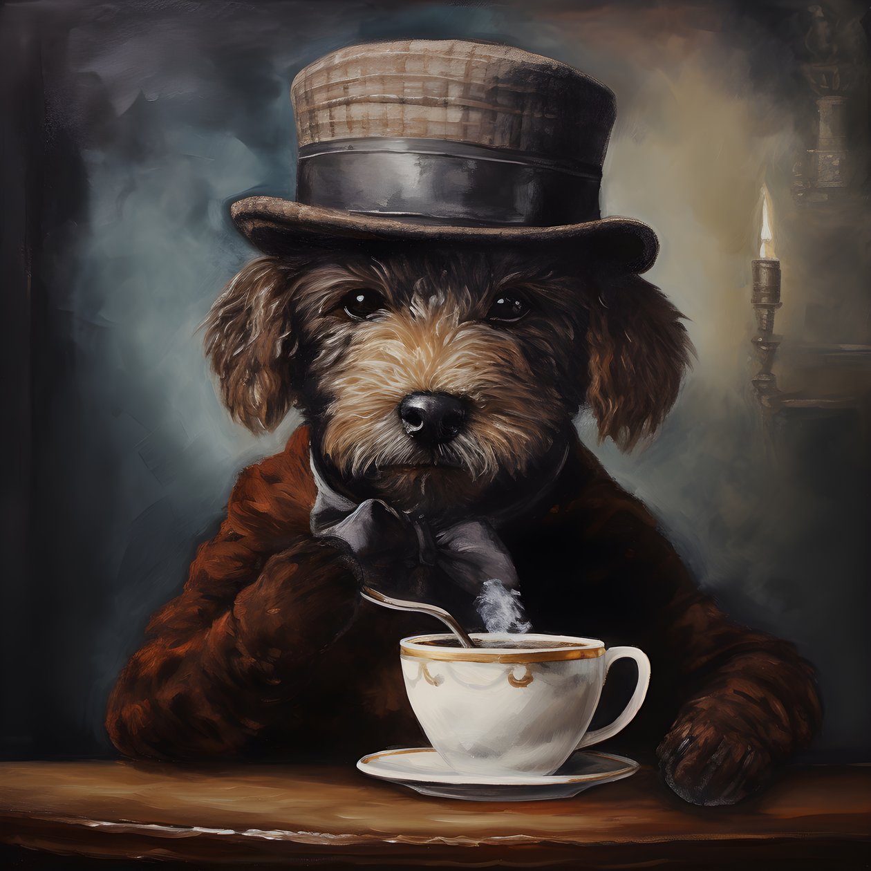 Um caniche sofisticado bebe uma chávena de chá, veste uma camisola de gola alta e um boné, fundo fumado 4 de Kurt Heppke