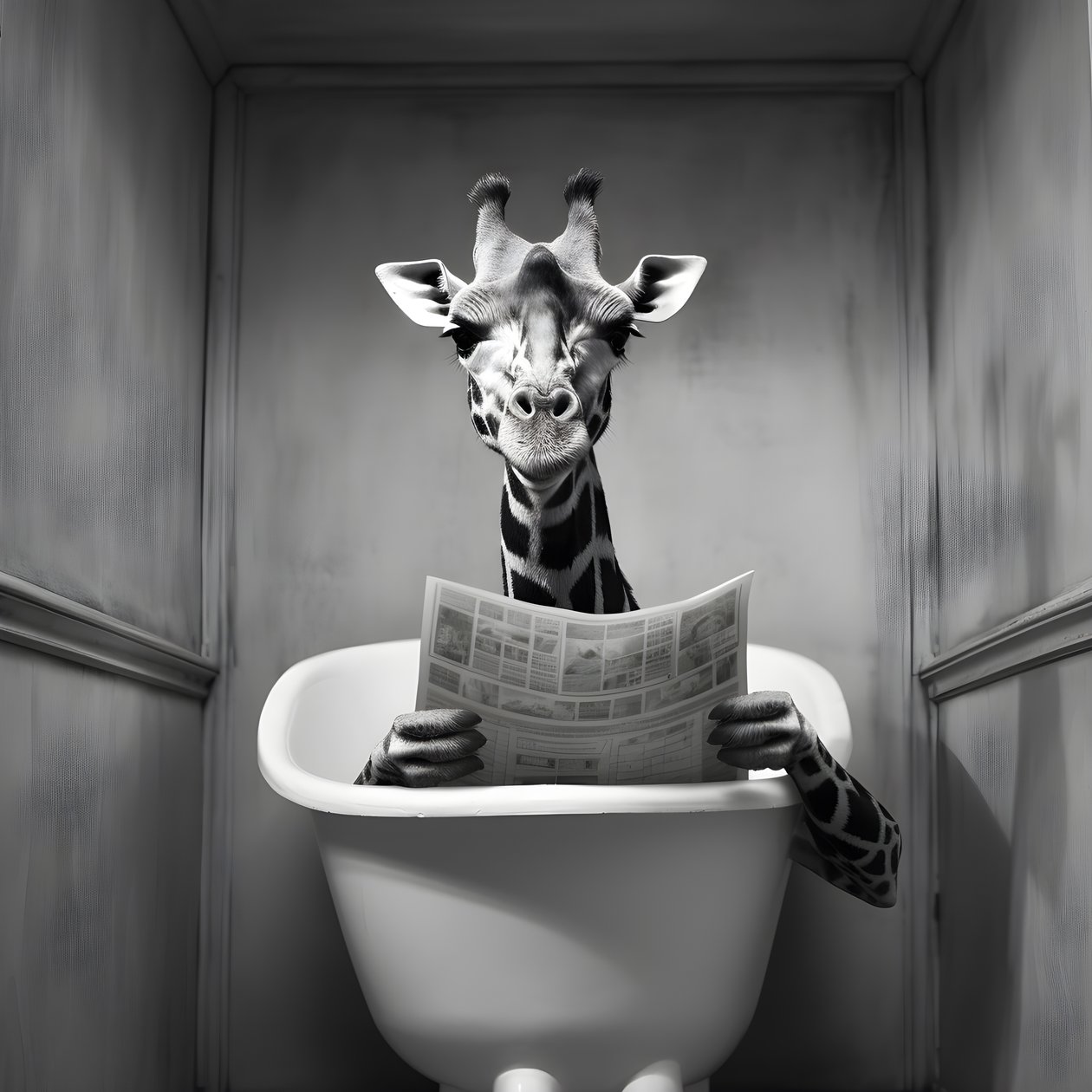 Girafa feliz sentada na sanita com um jornal 1 de Kurt Heppke