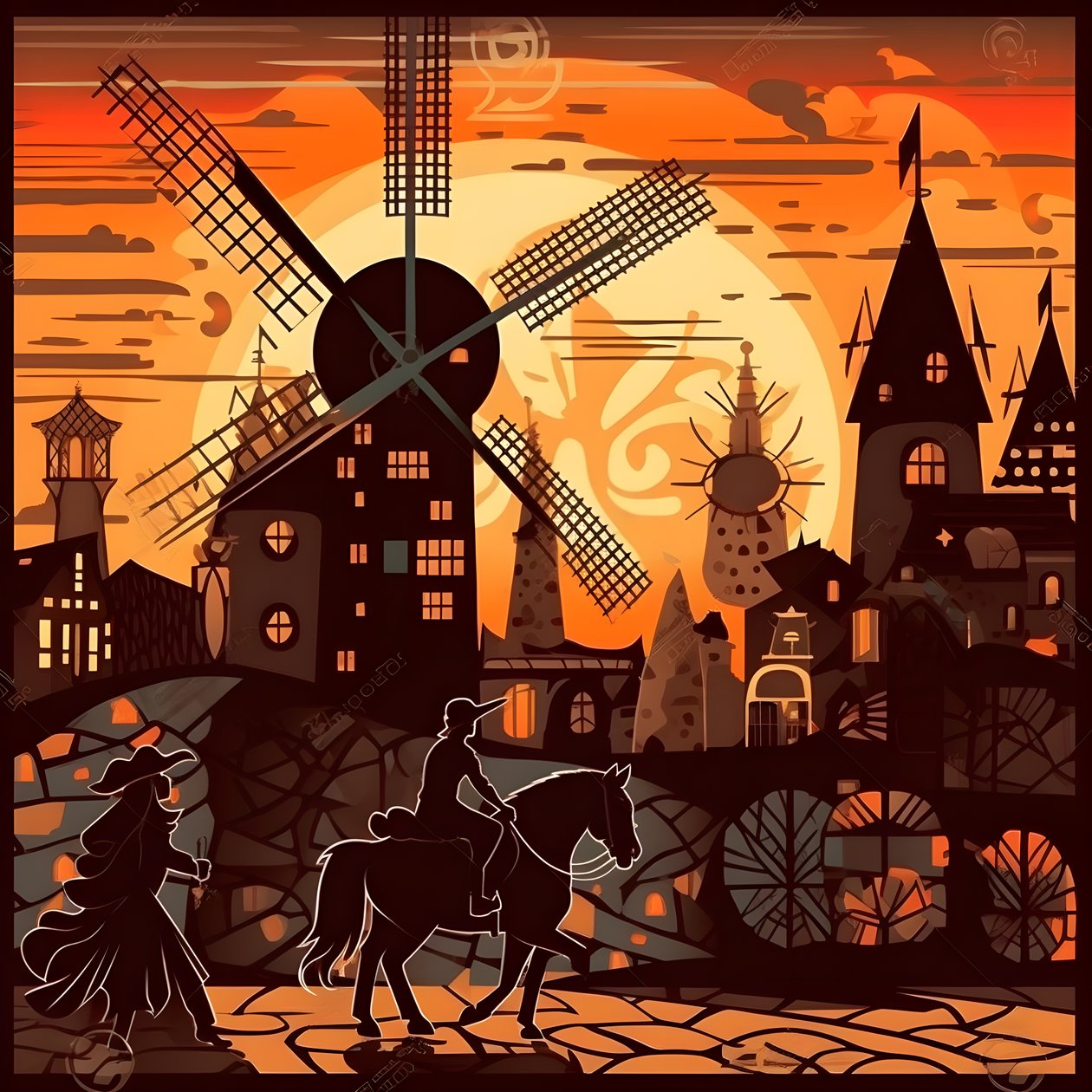 Fundo Dom Quixote, à direita, no seu burro, pequeno como uma sombra, em frente aos moinhos de vento, um cenário adequado 4 de Kurt Heppke