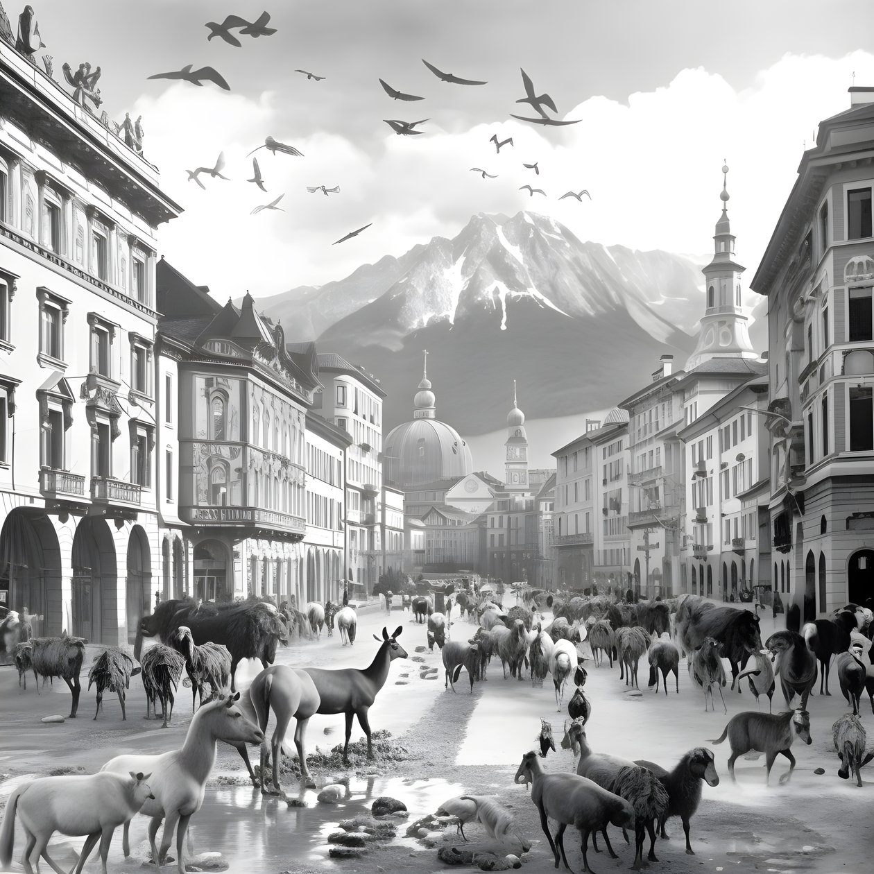Innsbruck numa fotografia antiga com elegantes zebras, gaivotas, macacos e figuras de barro. 2 de Kurt Heppke
