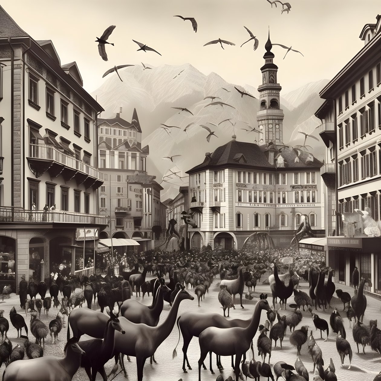 Innsbruck numa fotografia antiga com elegantes zebras, gaivotas, macacos e figuras de barro. 4 de Kurt Heppke
