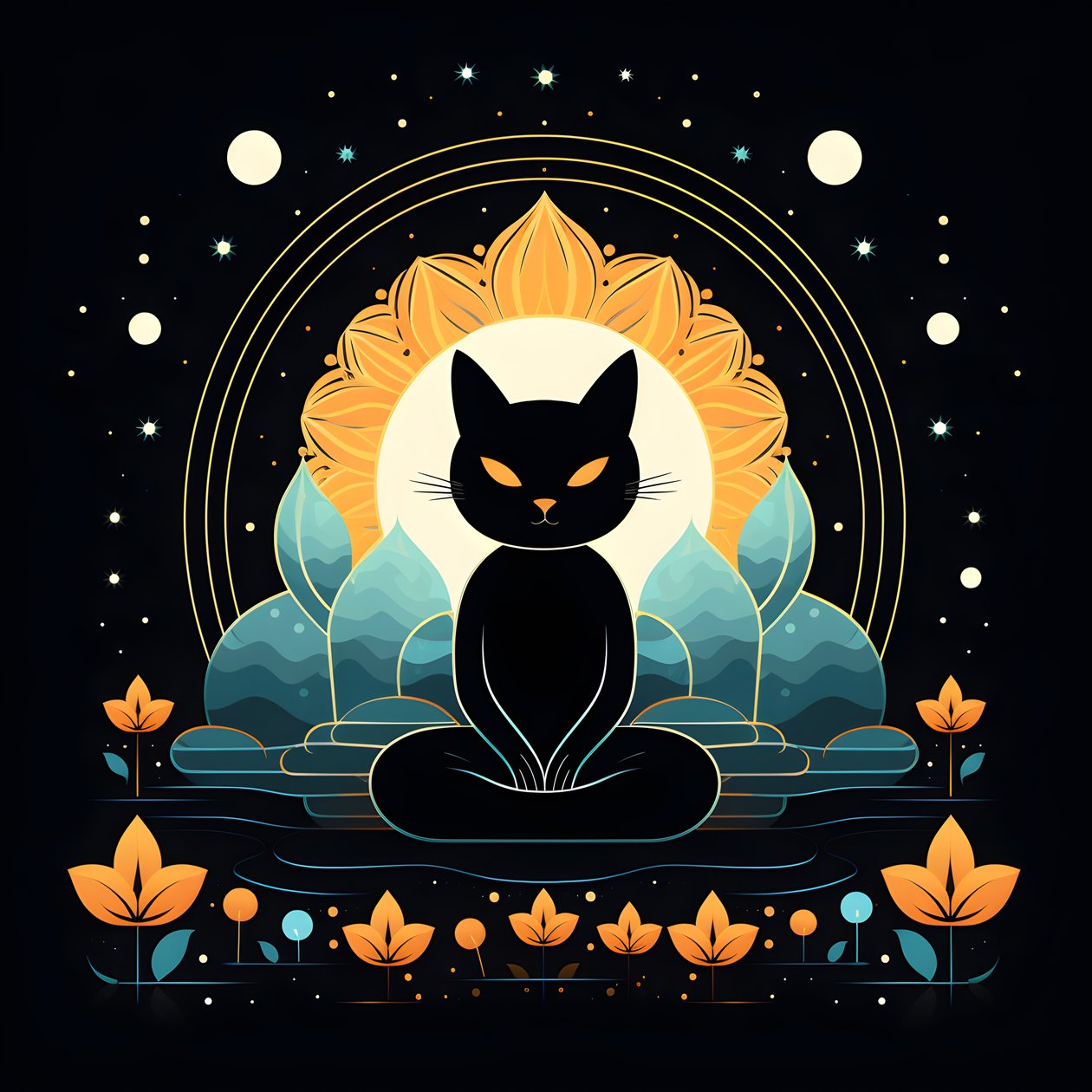Gato em meditação sentado numa flor de lótus 3 de Kurt Heppke