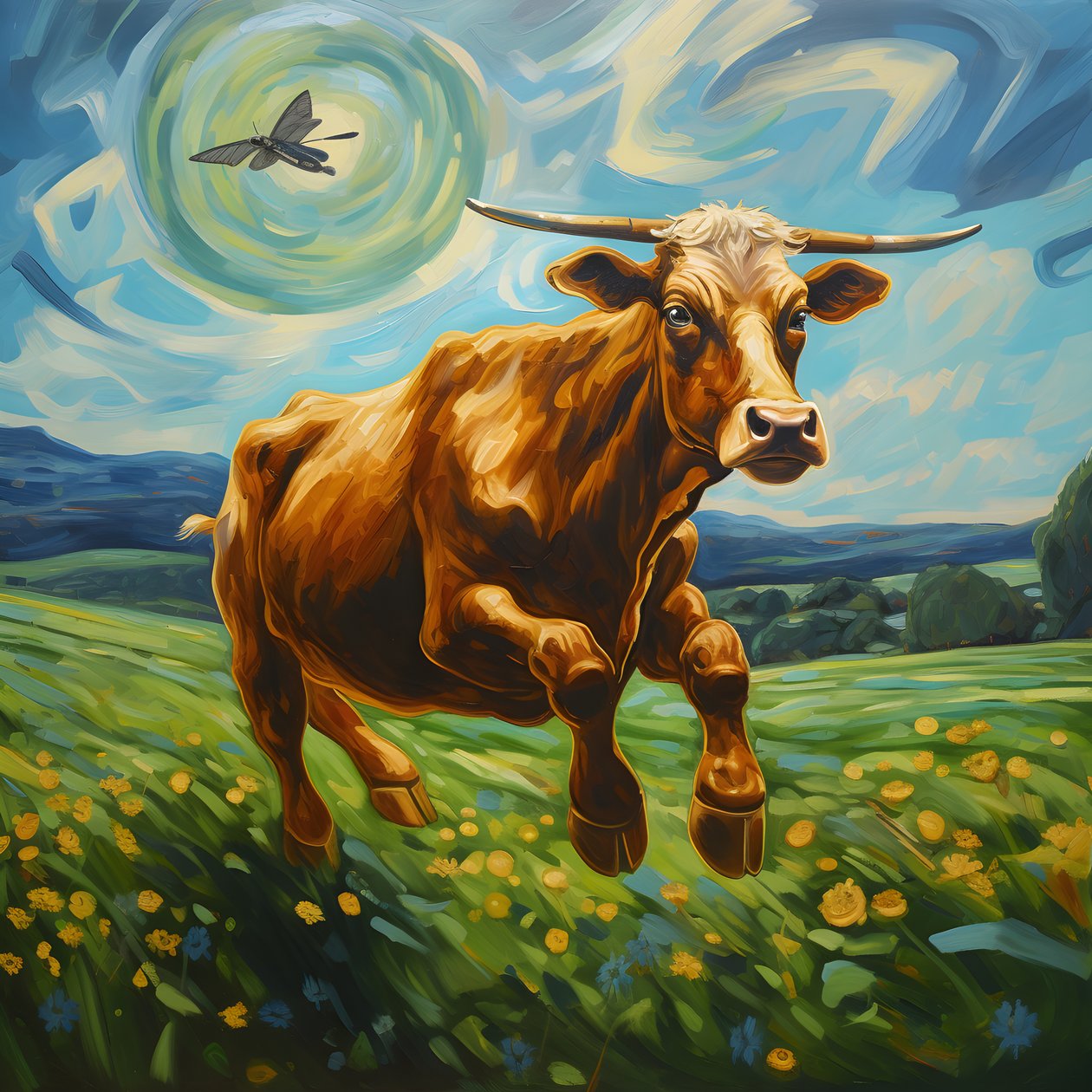 Vaca a voar sobre um prado verde 1 de Kurt Heppke