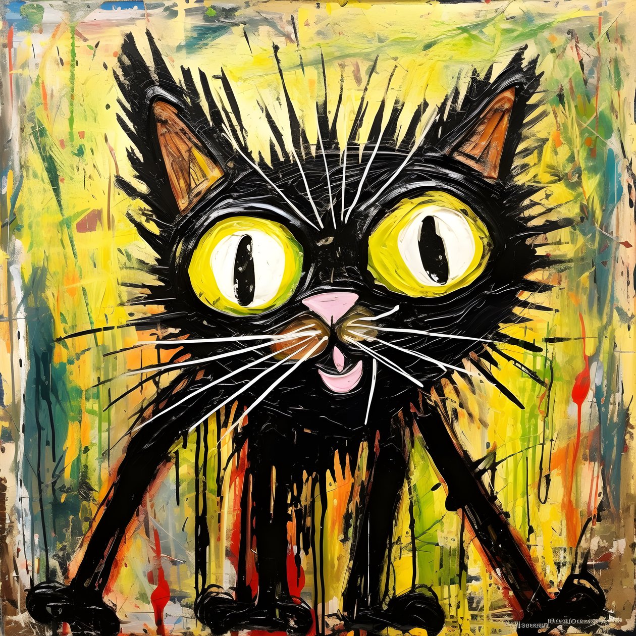 Neo-expressionismo de um gato de desenho animado a olhar para algo com curiosidade 1 de Kurt Heppke