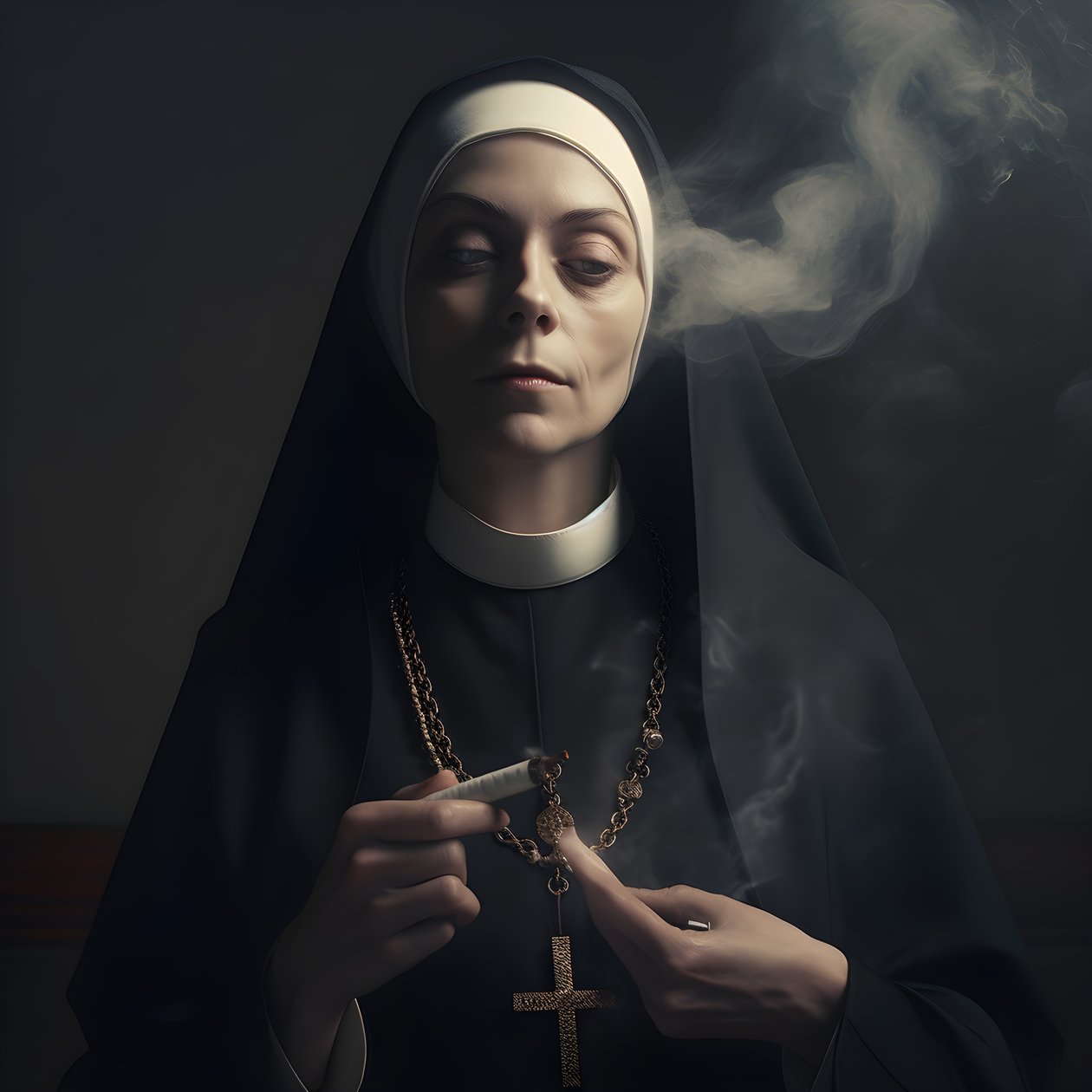Freira com colar de diamantes fuma um rolo de charuto 2 de Kurt Heppke