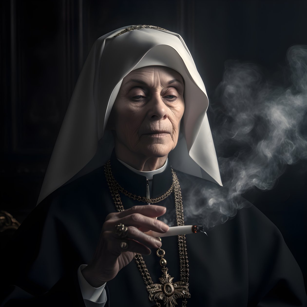 Freira com colar de diamantes fuma um rolo de charuto 3 de Kurt Heppke