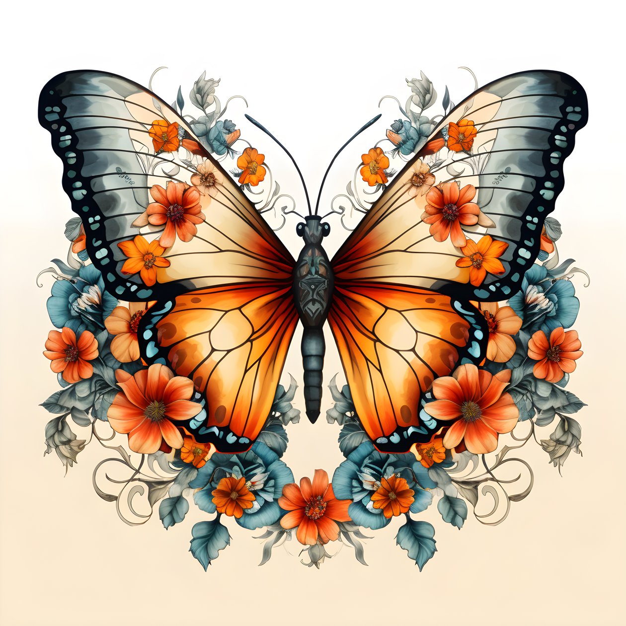 Borboleta no centro, simétrica, com flores no fundo 3 de Kurt Heppke