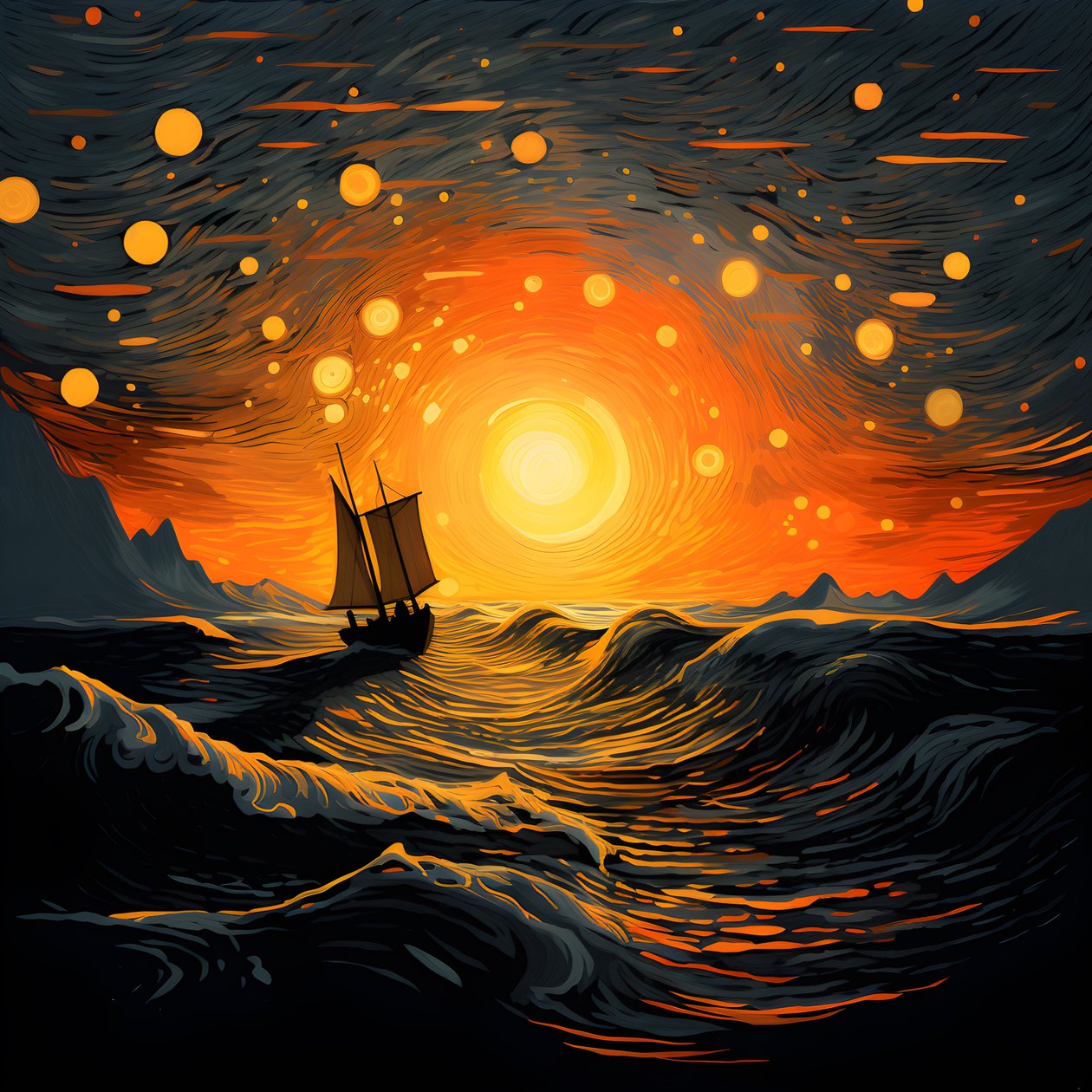Pôr do sol, sol amarelo-alaranjado, nuvens, cinco círculos rotativos de nuvens num grande céu, ondas pontilhadas e nuvens amarelas-alaranjadas reflectindo-se nas ondas, um barco a navegar no mar 1 de Kurt Heppke