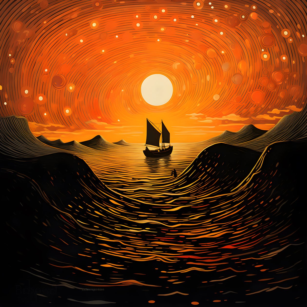 Pôr do sol, sol amarelo-alaranjado, nuvens, cinco círculos rotativos de nuvens num grande céu, ondas pontilhadas e nuvens amarelas-alaranjadas reflectindo-se nas ondas, um barco a navegar no mar 2 de Kurt Heppke