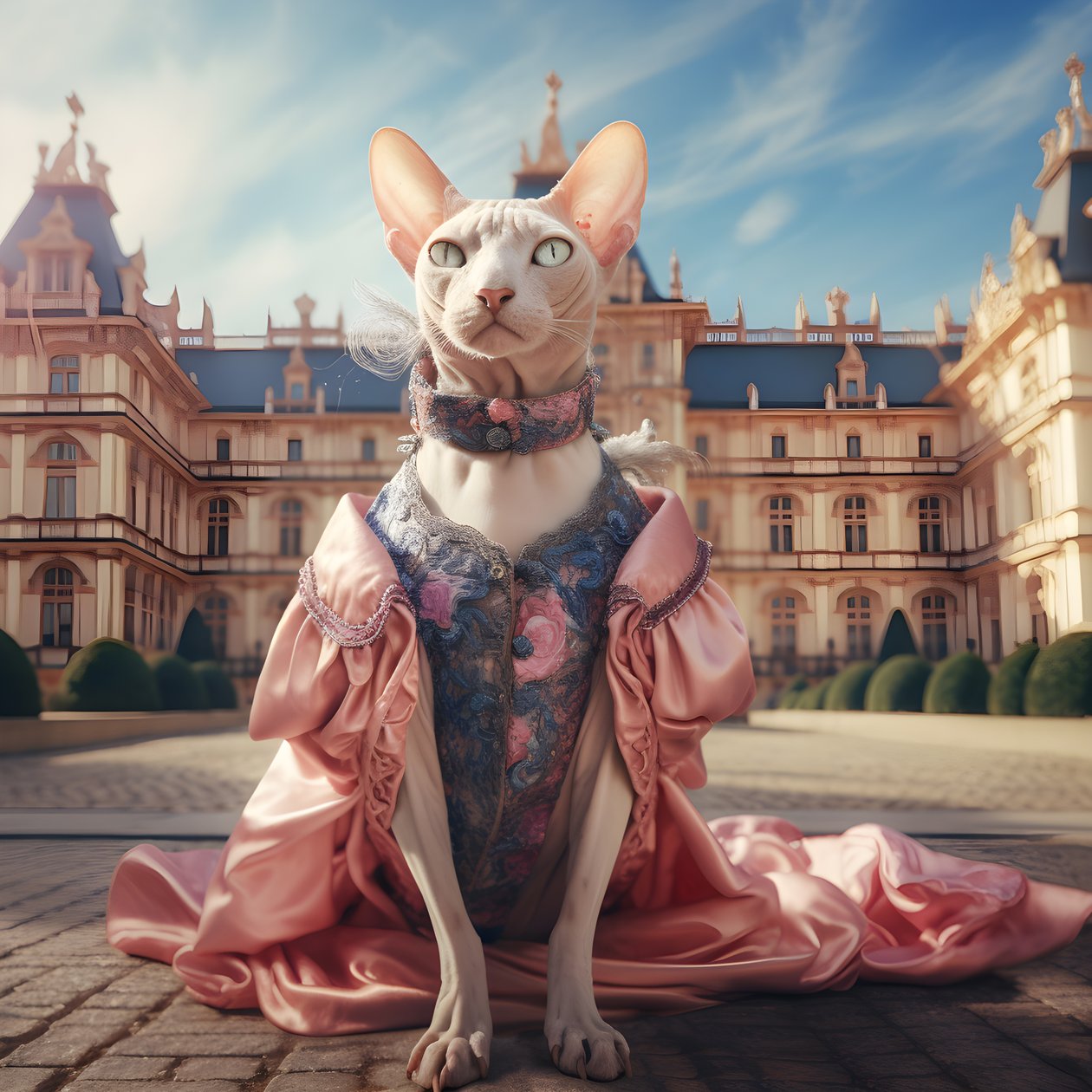 Gato Sphynx em vestido de baile no fundo de um magnífico palácio de estilo medieval 1 de Kurt Heppke