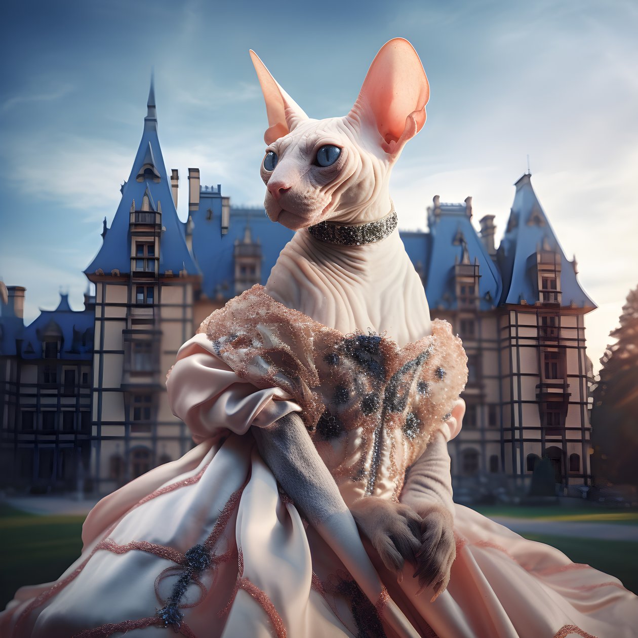 Gato Sphynx em vestido de baile contra o fundo de um magnífico palácio de estilo medieval 3 de Kurt Heppke