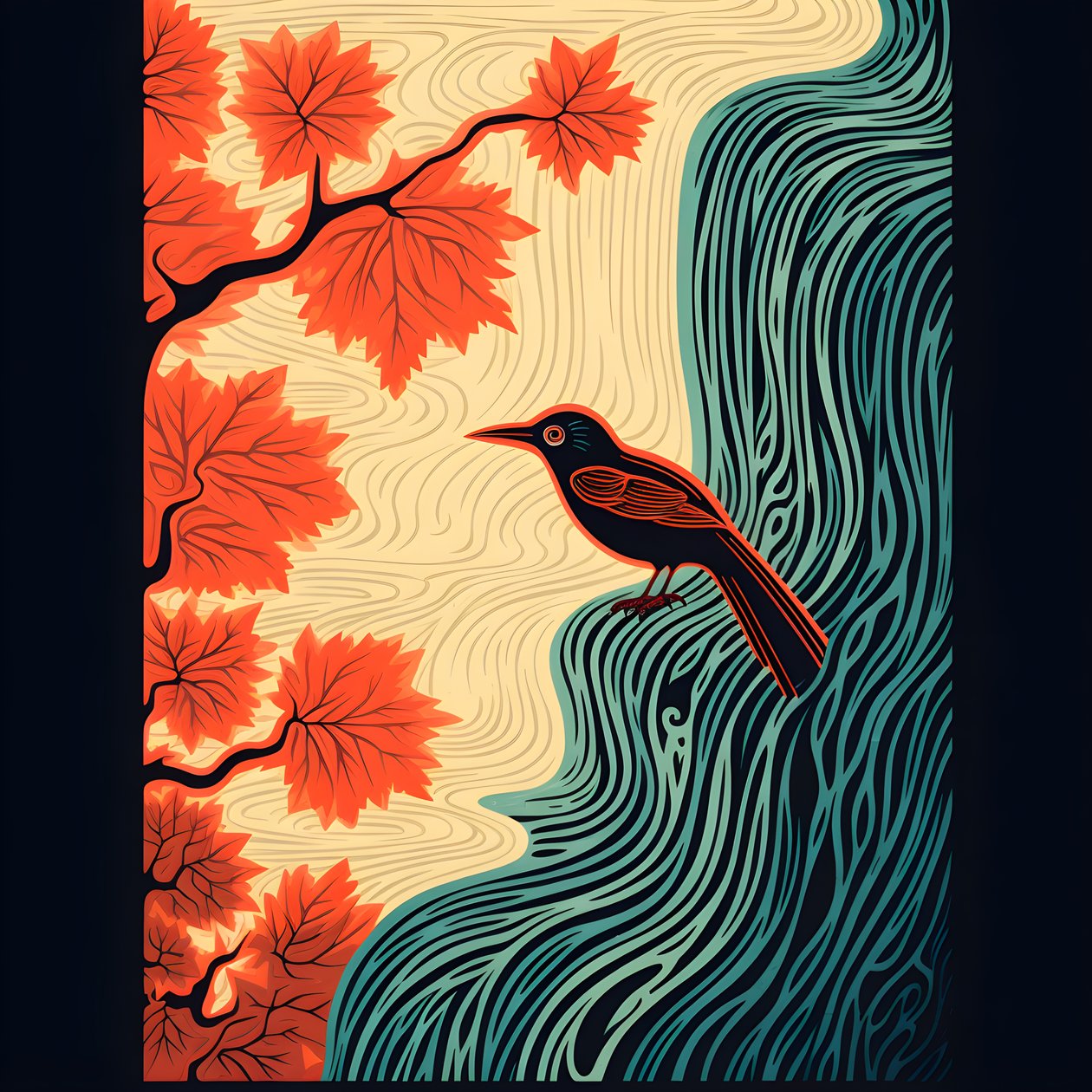 Ilustração ultra-minimalista de um pássaro tropical colorido sentado numa planta ramificada em frente a um riacho de montanha com uma bela cascata 4 de Kurt Heppke