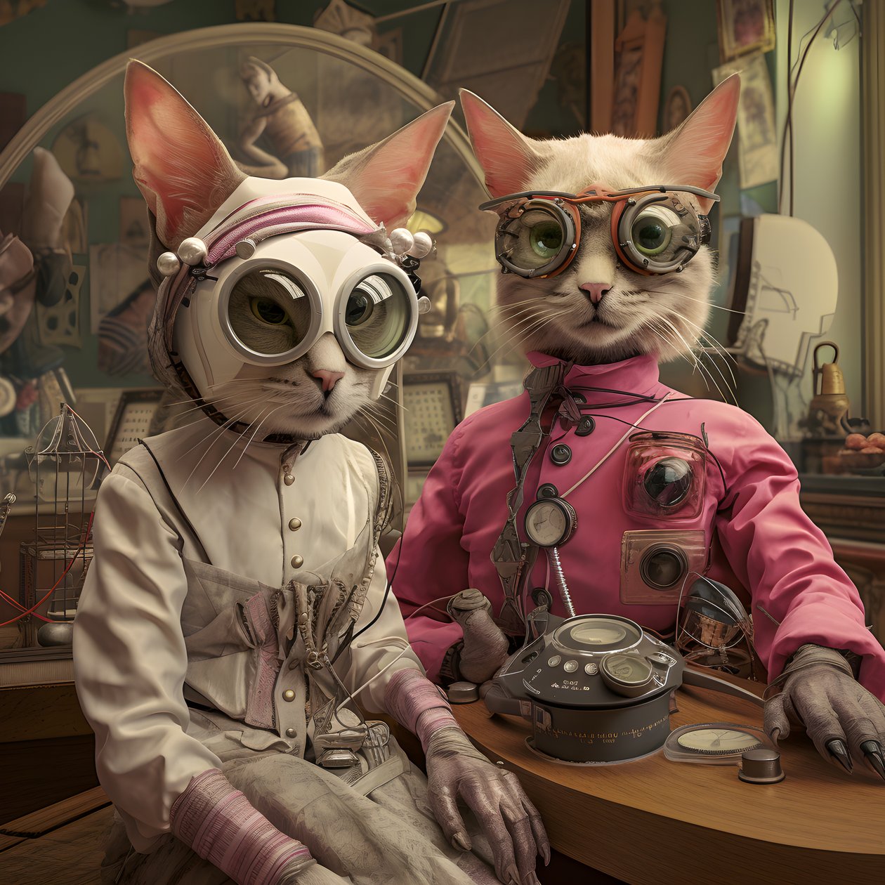  Dois gatos antropomórficos, macho e fêmea, Kubrickian Synthetic 1 de Kurt Heppke