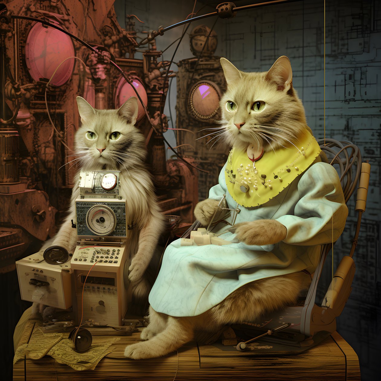  Dois gatos antropomórficos, macho e fêmea, Kubrickian Synthetic 2 de Kurt Heppke