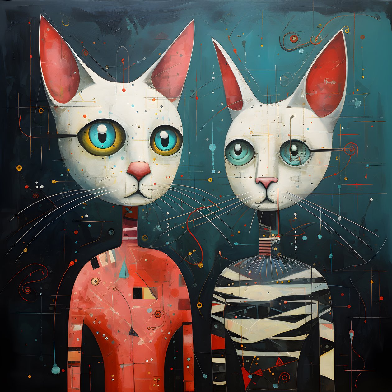  Dois gatos antropomórficos, macho e fêmea, Kubrickian Synthetic 3 de Kurt Heppke