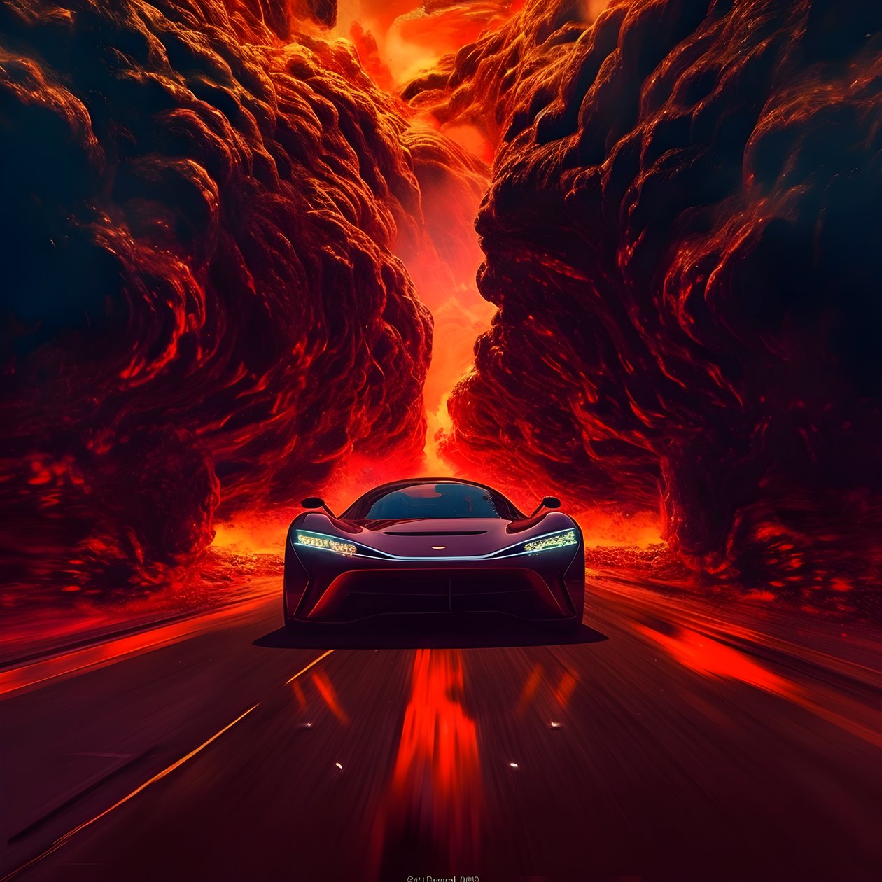 um carro de luxo está a ser conduzido por um caminho com um brilho vermelho no fundo 1 de Kurt Heppke