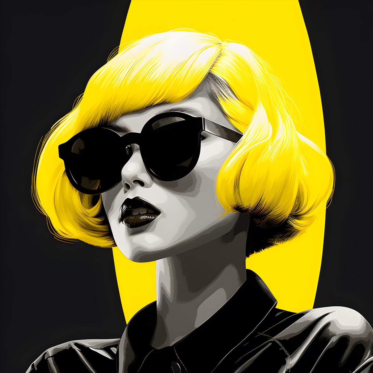 uma ilustração de uma rapariga com óculos de sol amarelos, com cabelo na cara e orelhas, ao estilo da estética film noir 1 de Kurt Heppke