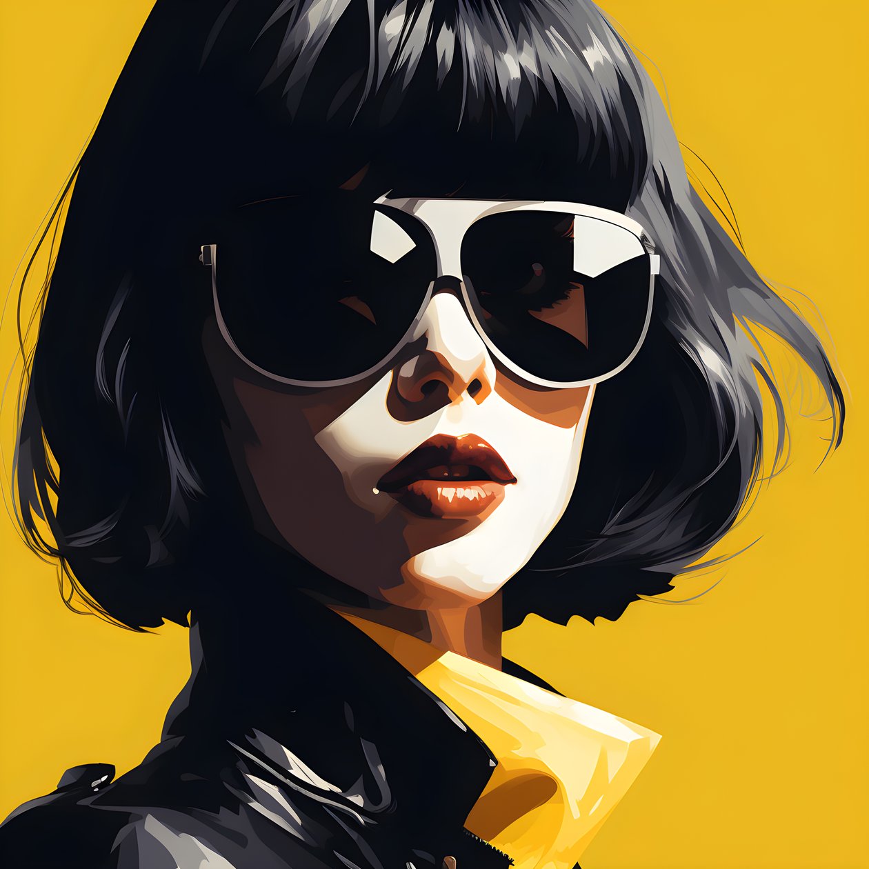 ilustração de uma rapariga de óculos de sol amarelos com cabelo na cara e orelhas, ao estilo da estética film noir 3 de Kurt Heppke