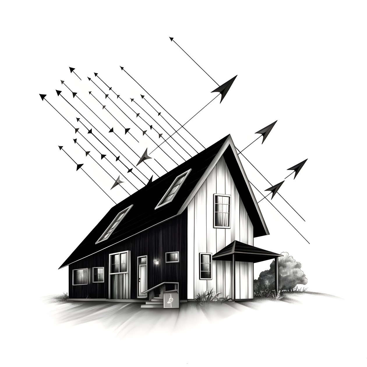 uma ilustração de uma casa com painéis solares, com uma enorme seta por trás a apontar para a direita e para cima 4 de Kurt Heppke