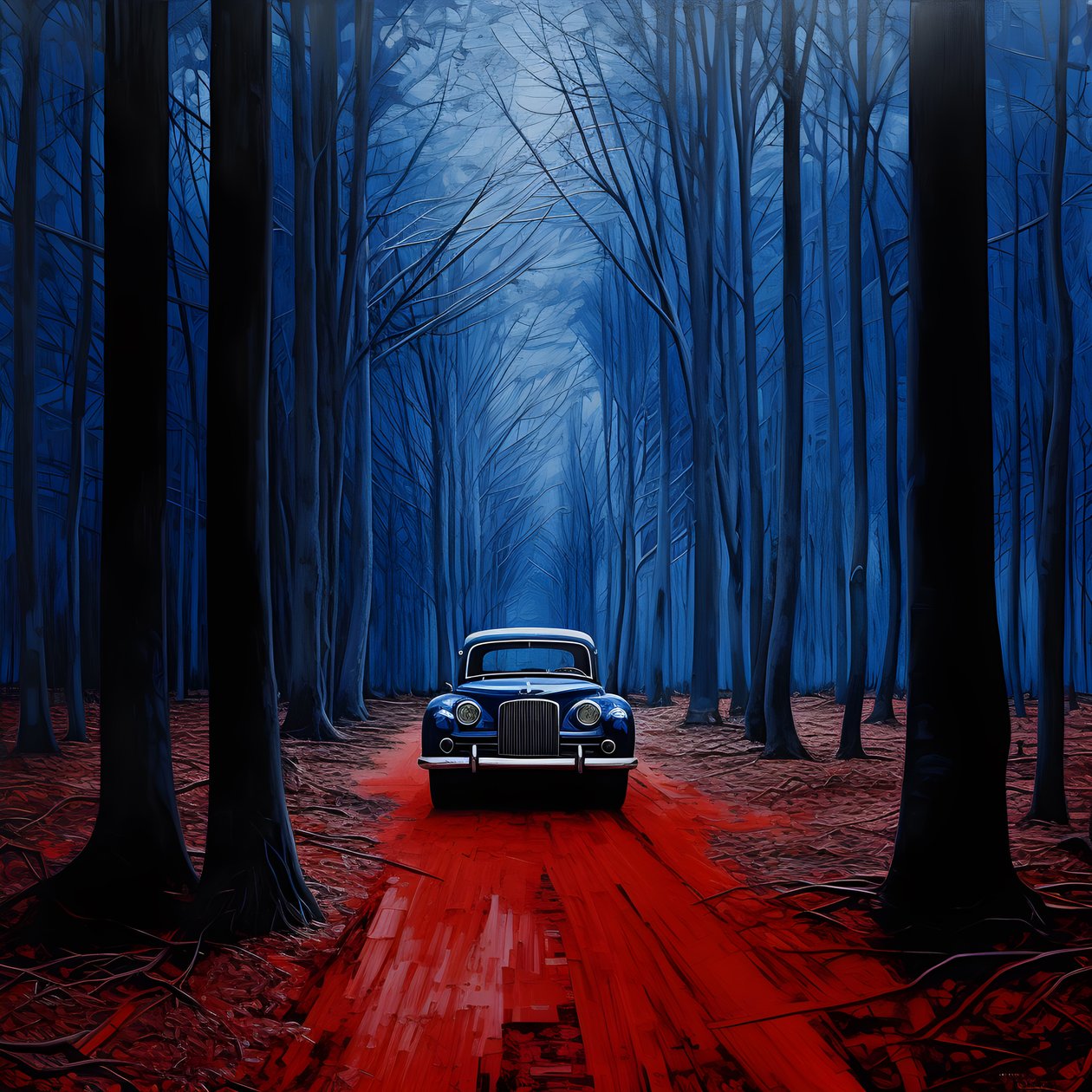 carro azul numa floresta vermelha 1 de Kurt Heppke