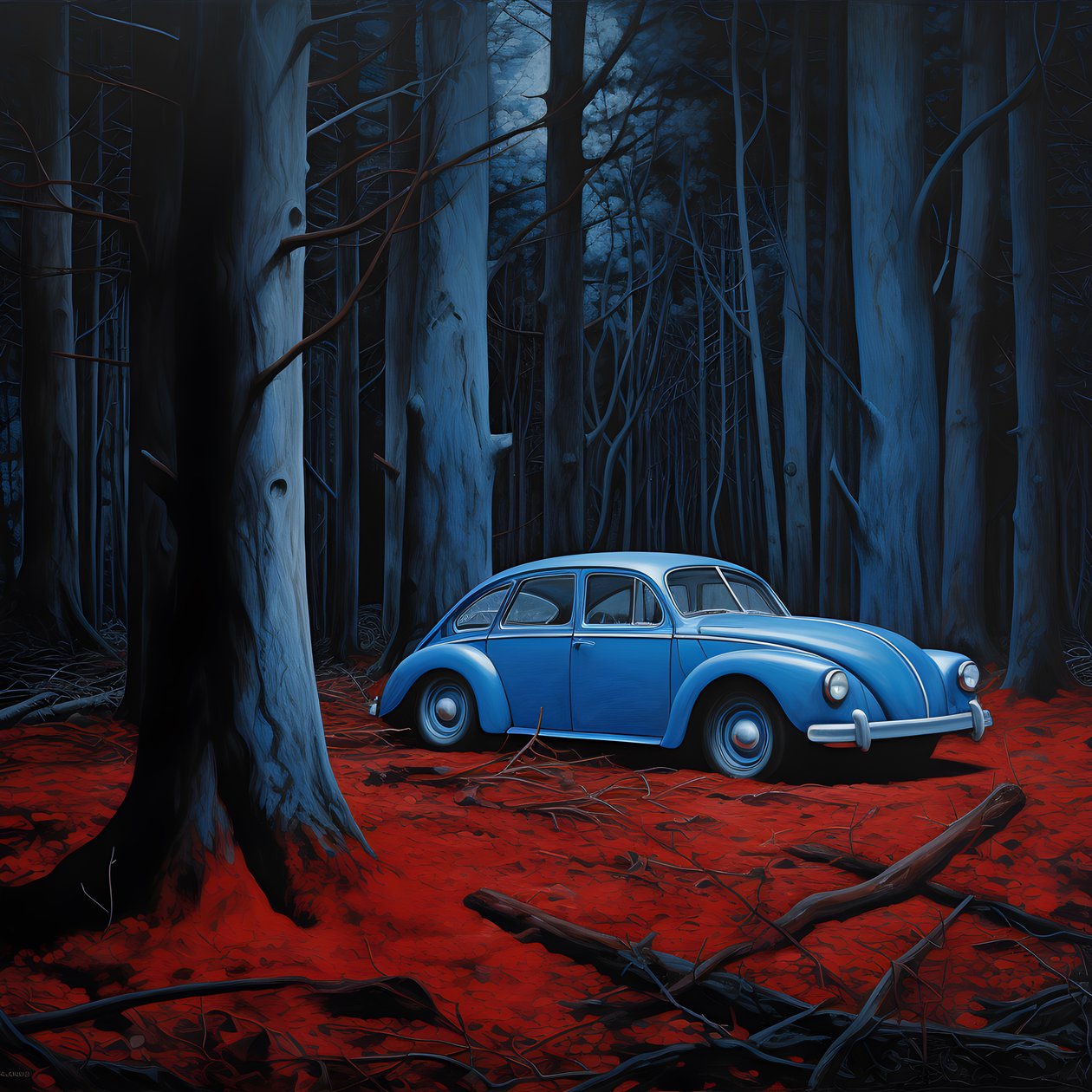 carro azul numa floresta vermelha 4 de Kurt Heppke