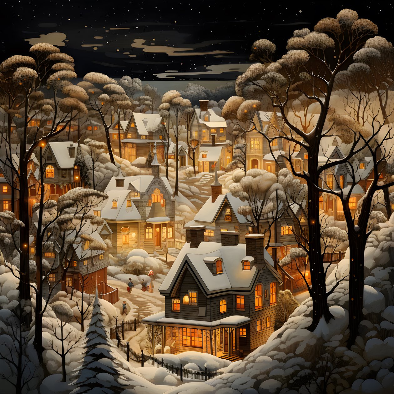 uma aldeia à noite sob árvores cobertas de neve 1 de Kurt Heppke