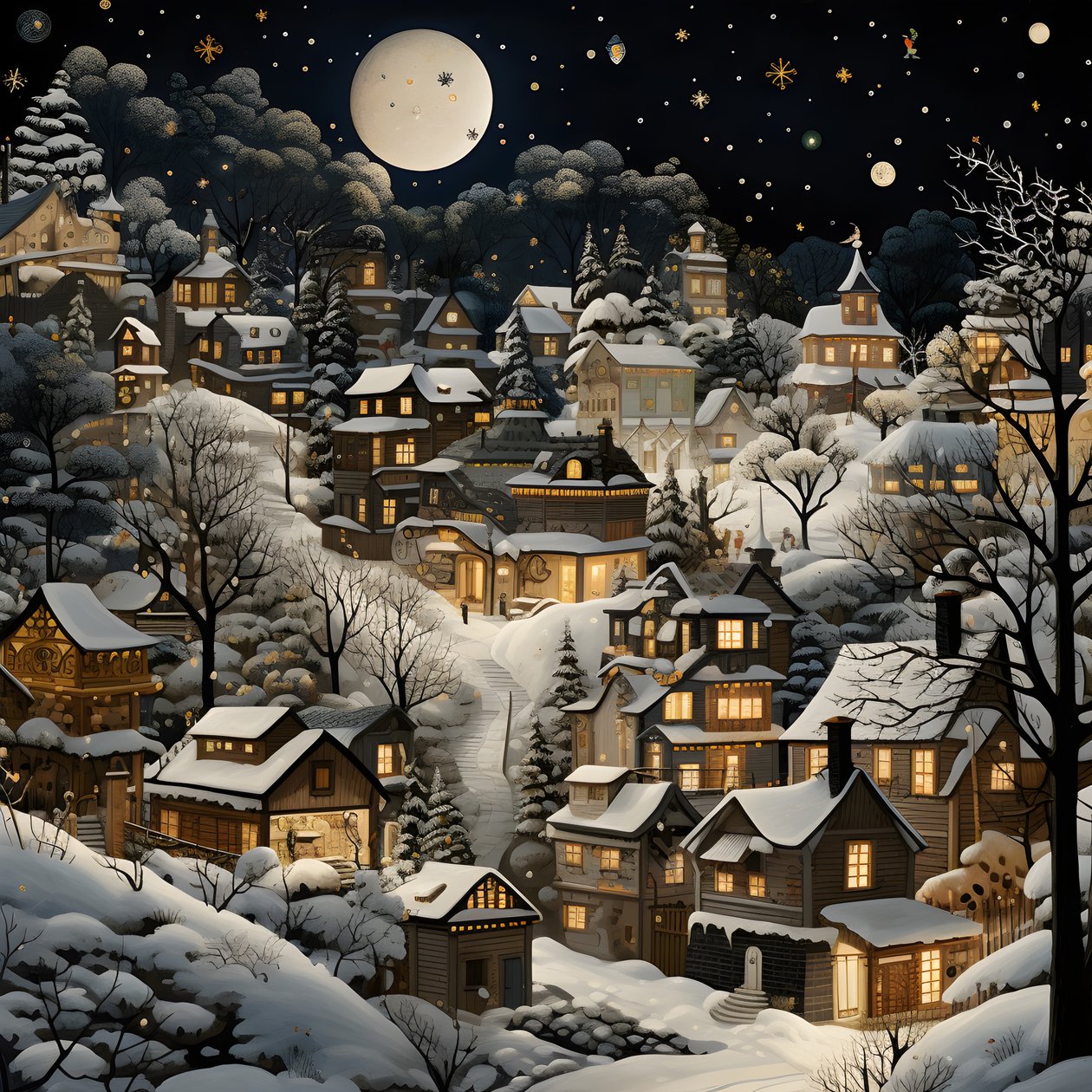 uma aldeia à noite sob árvores cobertas de neve 2 de Kurt Heppke