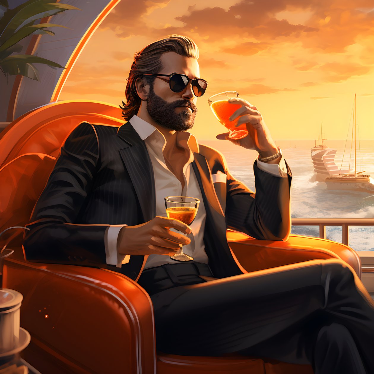 um homem rico, bem vestido, senta-se num navio de cruzeiro privado e bebe um cocktail 4 de Kurt Heppke
