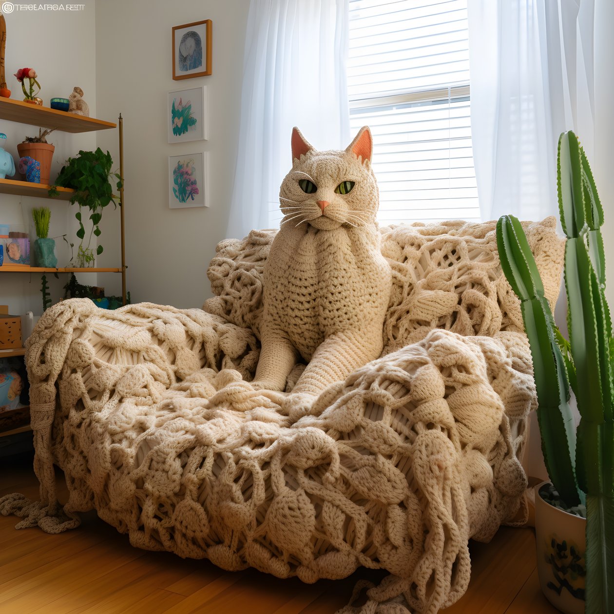 um gato gigante de croché numa sala de estar realista 3 de Kurt Heppke